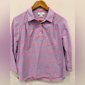 Vineyard Vines Womens Size 6 Pink Blue Stripe Cotton Popover Shirt 3/4 Sleeve